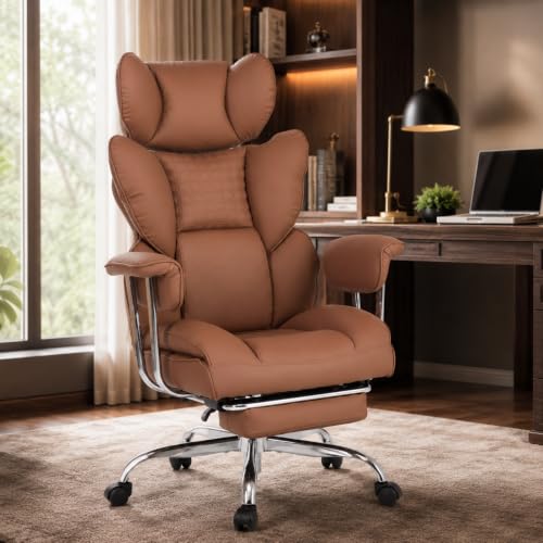 Big and Tall Office Chair, Ergonomic Executive Desk Chair with Footrest and Lumbar Support, Heavy Duty PU Leather Reclining Computer Chair with Extra Wide Seat for Home Office, Brown - color: Brown