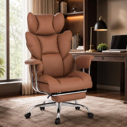 Big and Tall Office Chair, Ergonomic Executive Desk Chair with Footrest and Lumbar Support, Heavy Duty PU Leather Reclining Computer Chair with Extra Wide Seat for Home Office, Brown - color: Brown