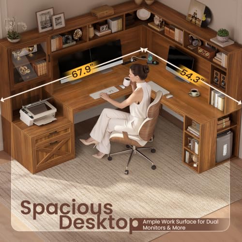 SEDETA Farmhouse 68" L Shaped Office Desk with Hutch, Storage Drawers - color: Brown, size: 68 inches