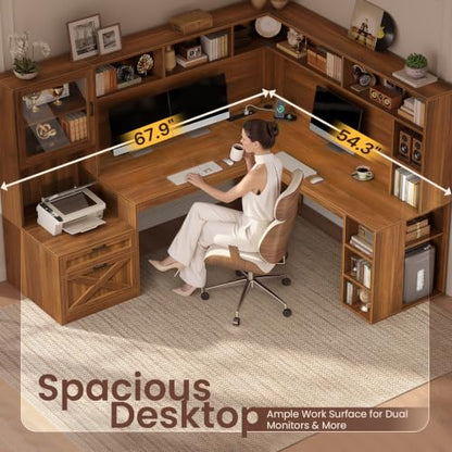SEDETA Farmhouse 68" L Shaped Office Desk with Hutch, Storage Drawers - color: Brown, size: 68 inches