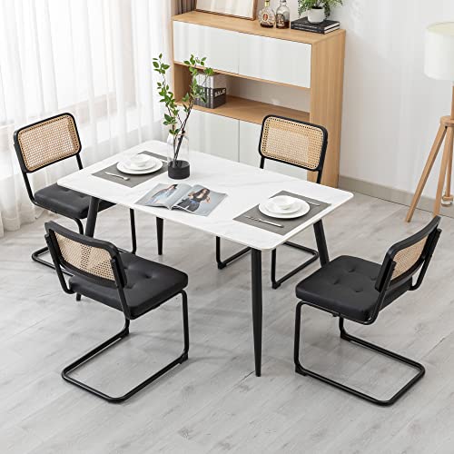 KCC Modern Dining Chairs Set of 6, Faux Leather Rattan Chair,Black | Mid Century Kitchen Side Chairs with Metal Legs and Upholstered Seat for Dining Room,Living Room,Bedroom - color: Black, size: Set of 6
