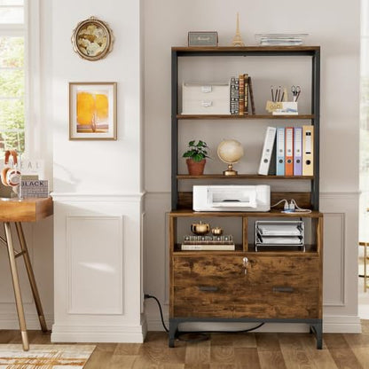 Homieasy Vertical File Cabinet with Shelves and Charging Station - color: Rustic Brown