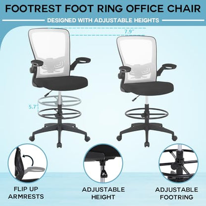 PayLessHere Ergonomic Drafting Chair Tall Office Chair High Adjustable Standing Desk Chair with Lumbar Support Mesh Back Footrest Flip-Up Arms for Office Computer Desk Standing Desk (White) - color: White
