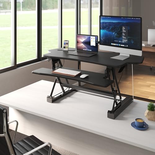 Mount-It! Standing Desk Converter 48" Wide Sit Stand Extra Large Desk Riser | Tabletop for 2 Monitors, Keyboard Tray & Device Slot, Height Adjustable from 6"–19.25" with Dual Gas Spring Handles, Black