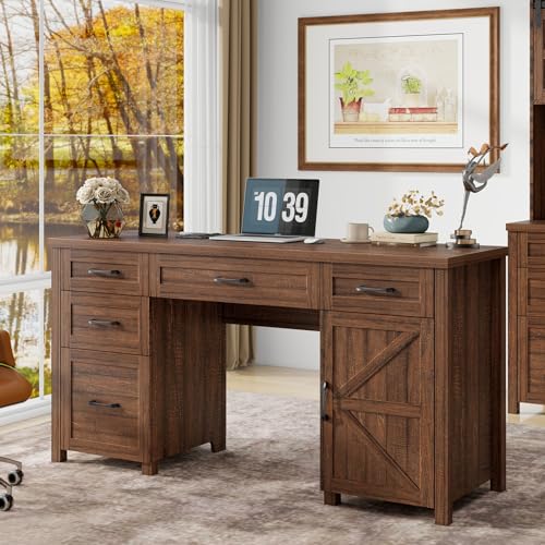 Vabches Farmhouse 61'' Rustic Office Desk with 5 Drawers(Red-Brown) - color: Red-brown, size: 61"W