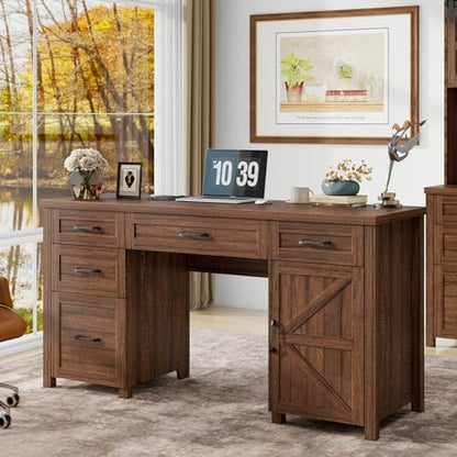 Vabches Farmhouse 61'' Rustic Office Desk with 5 Drawers(Red-Brown) - color: Red-brown, size: 61"W