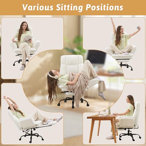 Wider Seat Office Chair with Flip Armrests for Criss Cross Legged&Cats, Big and Tall Executive Ergonomic Reclining Chair with Footrest&Lumbar Pillow, Teddy Fleece Desk Chair,White Vanity Chair - color: White