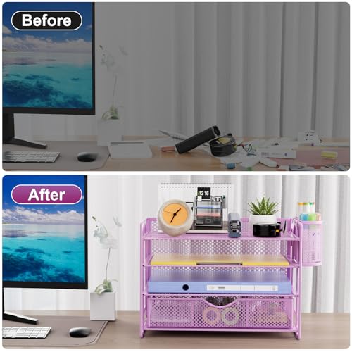 Marbrasse Desk Organizer, 4-Tier Paper File Letter Tray, Purple | Sturdy Paper Tray, File Holder, Built-in Drawer, 2 Pen Slots, fits Letters/Files, for School Home Office Supplies - color: Purple with Pen Holder