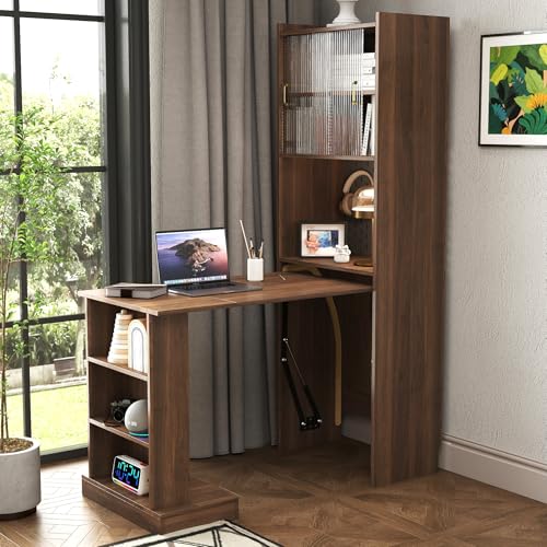 Folding Desk with Storage, Fold Out Desk Space-Saving Workstation, Wall Mounted & Foldable Design for Home Office, Bedroom, Dorm, Includes Shelves, Pegboard & Sliding Glass Doors, Walnut