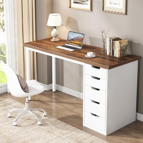 Tribesigns Computer Desk with 5 Drawers, 47 inches Rustic Brown Home Office Desk with Storage, Modern Simple Laptop Desk Study Writing Table for Small Spaces (Brown+White) - color: Brown+white