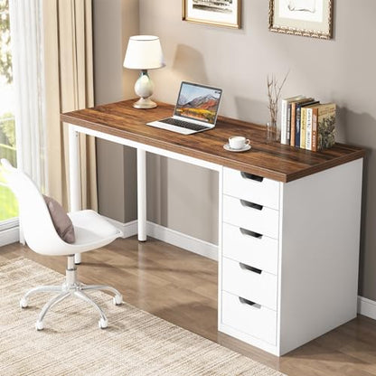 Tribesigns Computer Desk with 5 Drawers, 47 inches Rustic Brown Home Office Desk with Storage, Modern Simple Laptop Desk Study Writing Table for Small Spaces (Brown+White) - color: Brown+white