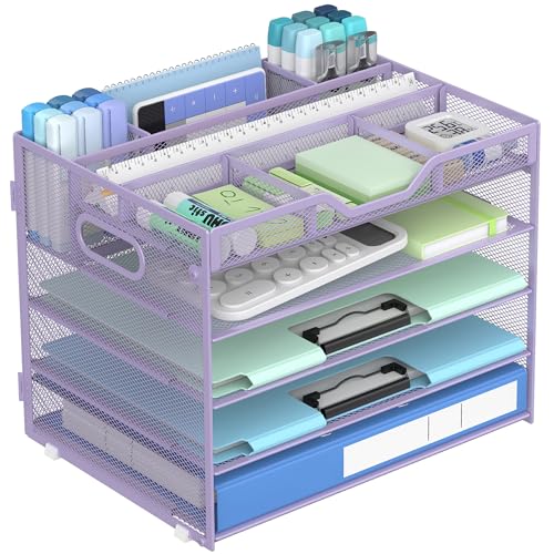 Docnest 5 Tier Mesh Desk Organizer with Removable Tray&Pen Holder, Purple - color: Purple, size: 12.6"x9.1"x10.3"