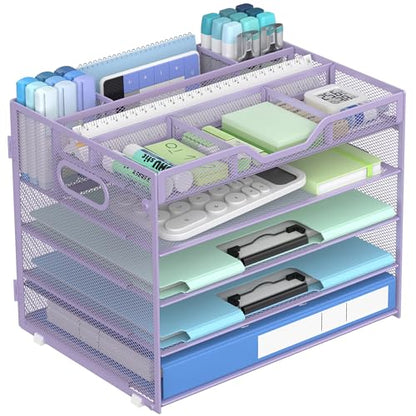 Docnest 5 Tier Mesh Desk Organizer with Removable Tray&Pen Holder, Purple - color: Purple, size: 12.6"x9.1"x10.3"