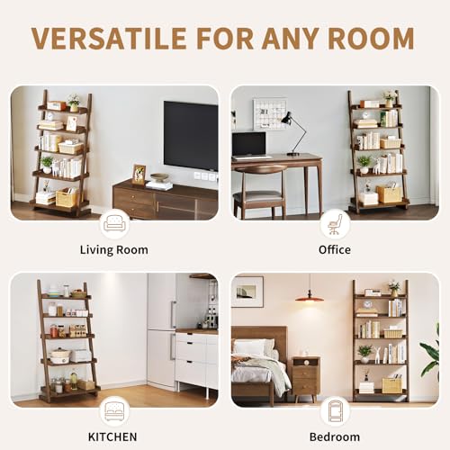 Uniclinens Walnut Wooden Ladder Shelf, 5-Tier Ladder Shelf Bookcase, Ladder Bookshelf for Compact Spaces, Solid Wood Bookshelf for Living Room, Bedroom, Home Office,(23.6''Dx15.7''Wx55.1''H)