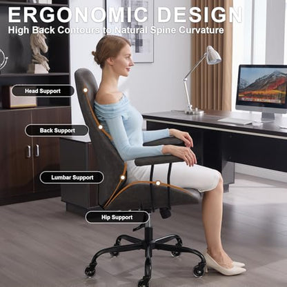 E-Motie Leather Office Chair, Mid Century Modern Desk Chair, Dark Grey - color: Dark Grey