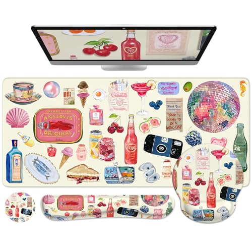 iCasso Desk Pad Mat, Large Mouse Pad and Keyboard Wrist Rest Set, Desk Protector Mat,4in1 Ergonomic Carpal Tunnel Keyboard Pad with Wrist Support for Desktop Home Office Computer - color: Watercolor Stickers