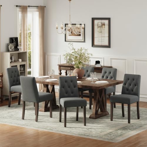 Upholstered Dining Chairs Set of 6, Modern Fabric Dining Chairs with Tufted Design, Kitchen Side Chairs, Farmhouse Dinner Chair with Wood Legs for Kitchen Restaurant Living Room, Gray - color: Grey, size: Set of 6