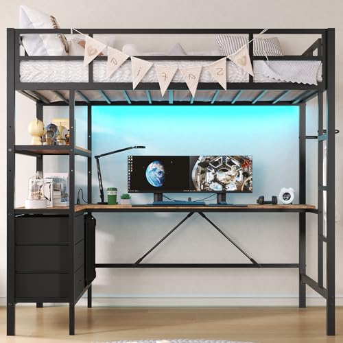 DICTAC Twin Loft Bed with L-Shaped Desk, LED Lights,Charging Station LED Metal Kids Loft Bed Twin Size with 3 Storage Shelves and 3 Fabric Drawers, Safety Guard & Ladder,No Box Spring Needed, Black - color: Black, size: Twin