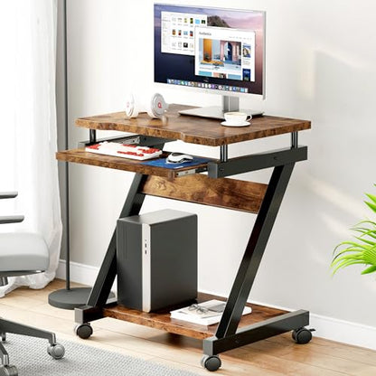 sogesfurniture Small Mobile Computer Desk with Keyboard Tray | Z-Shaped Compact Study Table, Rolling Workstation for Home and Office with Printer Shelf, Keyboard Drawers, Rustic Brown - color: Rustic Brown