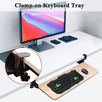 V3VOGUE Wooden Keyboard Tray Under Desk Push-Pull Keyboard Drawers Computer Keyboard Stand - Height Adjustable - Clamp-On - Keyboard and Mouses Storage Shelves, with Mouses Pads - color: Teak, size: 650*250 mm (26*10 Inch)
