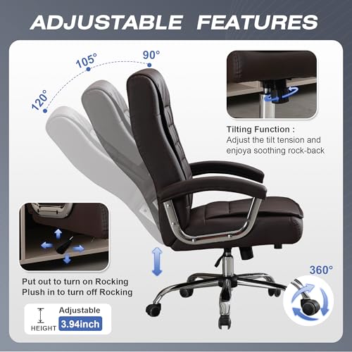 Executive Office Chair Adjustable Leather Chair High Back Swivel Office Desk Chair with Padded Armrest 350lbs Load-Bearing Spring Seat Computer Desk Chair for Home Office, Brown - color: Brown