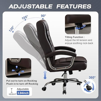 Executive Office Chair Adjustable Leather Chair High Back Swivel Office Desk Chair with Padded Armrest 350lbs Load-Bearing Spring Seat Computer Desk Chair for Home Office, Brown - color: Brown
