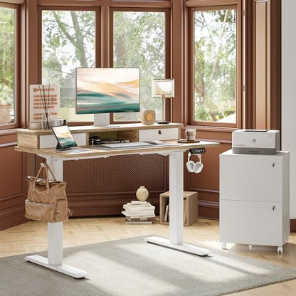 TIQLAB Standing Desk with Two Drawers, Stand Up Standing Desk Adjustable Height, Electric Sit Stand Table with Storage Shelf and Splice Board, 55 * 24 inch, Maple - color: Maple, size: 55*24 inch without keyboard tray