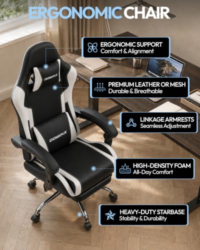 Dowinx Ergonomic Gaming Chair with Footrest & Massage Lumbar, 2D-Linkage Armrests for Computer Chair 330lbs with Headrest Pillow for Office, Home, Streaming and Long Gaming Sessions, White - color: White