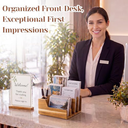 Novabright Acacia Wood Mail Organizer with Pen Holder, 5 Slot Desk File Organizer, Wooden Letter Sorter for Desk, Compact Desktop Document Holder for Home Office Storage Back to School