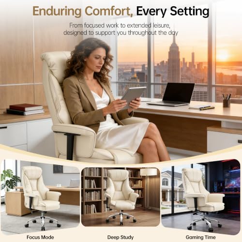 Big and Tall Office Chair - Executive High Back Leather Office Desk Chair with Adjustable Lumbar Support - Ergonomic Comfortable Heavy Duty Computer Gaming Chair with Padded Arms & Wide Seat - color: Beige