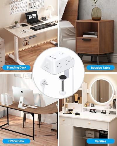 Desk Clamp Power Strip, Surge Protector with 5 AC Outlets and 3 USB Ports, Desk Mount Charging Station, Surge Protector Power Strip with 360° Rotating Flat Plug, 5 Widely Spaced Outlets with 2 USB C