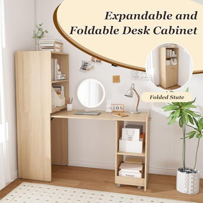 Light Wood Folding Desks with Storage Shelves for Small Spaces(Natural) | Foldable Murphy Desk with Bookcase, Space Saving Compact Computer Table, Pull Out Writing Table for Apartment - color: Natural Wood