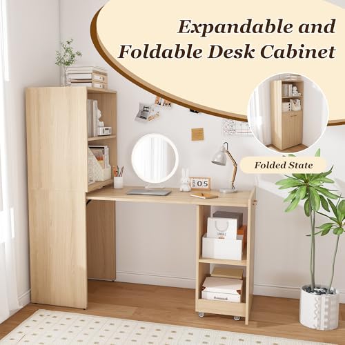 Light Wood Small Folding Desk with Storage Shelves & Bookcase(Natural.) | Expandable Hidden Computer Desk, Space-Saving Pull Out Murphy Table, Writing Table with Wheels for Home Office Bedroom - color: Natural Wood.