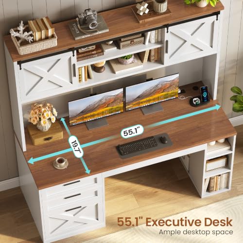 SEDETA 55.1" Farmhouse Desk with Hutch & 3 Storage Drawers - color: White and Brown, size: Desk with Hutch (55")