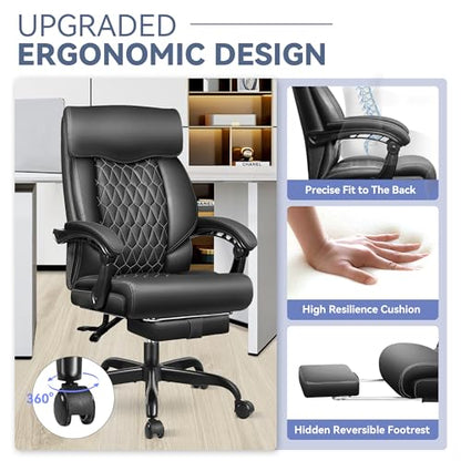 Office Chair, Big and Tall Office Desk Chair, Reclining Office Chair with Footrest Home Office Desk Chairs, High Back Ergonomic with Lumbar Support, Executive Leather - color: Matte Black, style: With Footrest