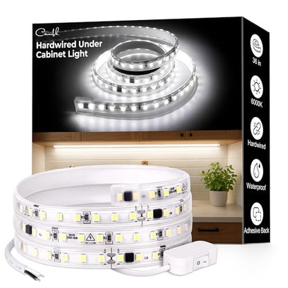 cambk 36inch Hardwired Under Cabinet Lighting for Kitchen, 6000K White Wired Undercounter Waterproof Led Strip Lights, Luces para Cocina Bajo Gabinete Under Shelf Lights - size: 36in