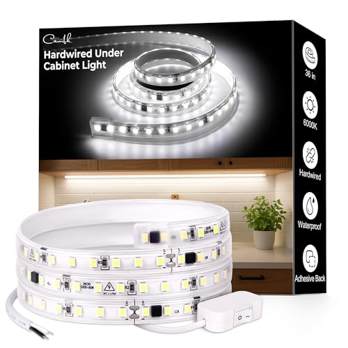 cambk 36inch Hardwired Under Cabinet Lighting for Kitchen, 6000K White Wired Undercounter Waterproof Led Strip Lights, Luces para Cocina Bajo Gabinete Under Shelf Lights - size: 36in