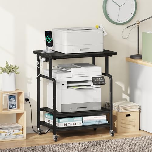 YAOHUOO 3 Tier Large Printer Stand with Power Outlet/Adjustable Shelf - color: Black, size: 23.6"×19.6"