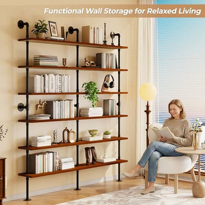 Industrial Pipe Bookshelf, Wall Mounted Shelf, 70 Inch, Walnut Brown - color: Walnut Brown, size: 70 Inch