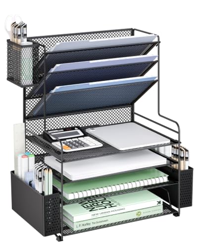 WALI Desk File Organizer, 7 Tier Desktop Paper Letter Tray Organizer with Drawer and 3 Pen Holders, Office Desk Accessories & Workspace Organizers for Office, Home, School Supplies, 1 Pack, Black - color: Black, size: 7-Tier