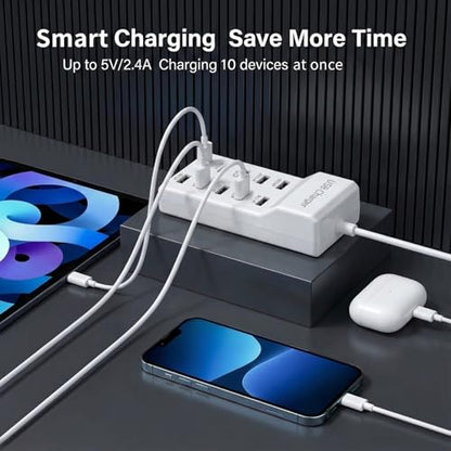 10-Port USB Charging Station, 50W 10A Desktop Charger with 5 A-to-C Cables
