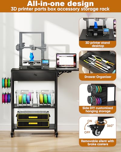 Baoz 4 Tier 3D Printer Stand with Filament Storage & Lockable Wheels(Black) | 3D Printer Table with 1 Drawer, Rolling 3D Printer Cart with 4 Spool Hooks, Sturdy 3D Printer Desk for Studio, Home Office