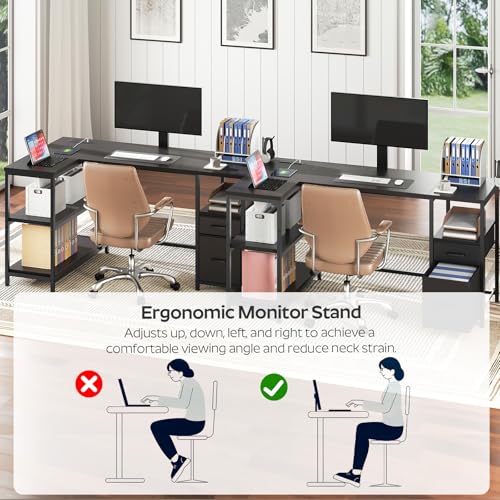 YATINEY L Shaped Computer Desk with Adjustable Monitor Stand, Gaming Desk with Power Outlets, Office Desk with Fabric Drawer, File Drawer and Hook, for Living Room, Home Office, Black DN03UBB