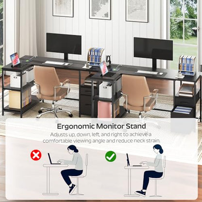 YATINEY L Shaped Computer Desk with Adjustable Monitor Stand, Gaming Desk with Power Outlets, Office Desk with Fabric Drawer, File Drawer and Hook, for Living Room, Home Office, Black DN03UBB