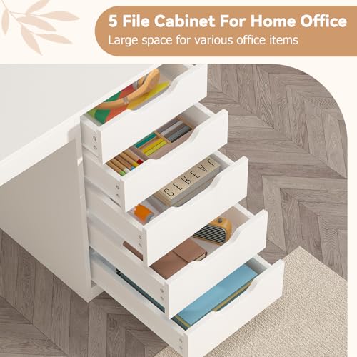 47 Inch Computer Desk with 5 Drawers and Power Outlets for Small Spaces - color: White, size: 47inch-5drawers