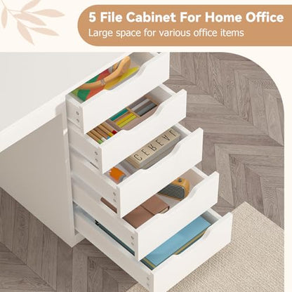 47 Inch Computer Desk with 5 Drawers and Power Outlets for Small Spaces - color: White, size: 47inch-5drawers