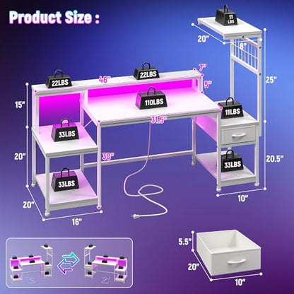 DurayLoly 55" Gaming Desk with,RGB LED,Headphone Hook Shelves for Bedroom - color: White, size: 19.6"Dx55"Wx51"H