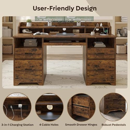 Bestier 59" Executive Desk with Charging Station & Monitor Stand, Brown - color: Natural Rustic Brown