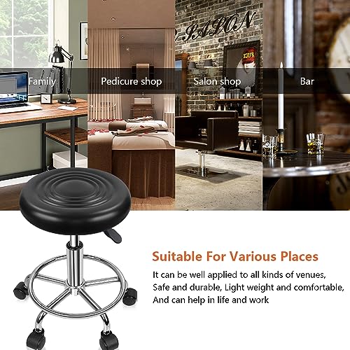 KKTONER PU Leather Modern Round Rolling Stool with Footrest Height Adjustable Spa Drafting Salon Tattoo Work Massage Stools Task Chair Small (Black) - color: Black