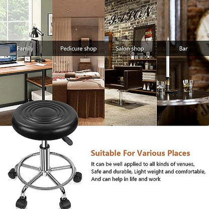 KKTONER PU Leather Modern Round Rolling Stool with Footrest Height Adjustable Spa Drafting Salon Tattoo Work Massage Stools Task Chair Small (Black) - color: Black
